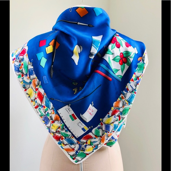 VTG 70’s Perry Ellis silk scarf painter theme print Royal blue & primary colors